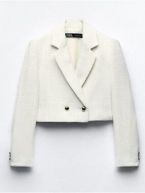 ZARA Cream Cropped Tweed Blazer with Gold Buttons